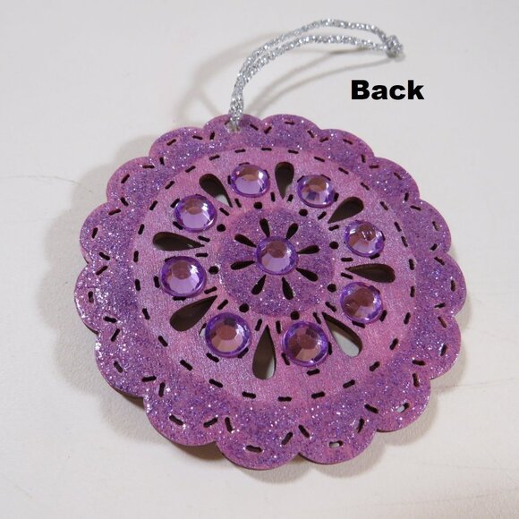 Lavender Circle Medallion Laser Cut Wooden Ornament with Rhinestones Hangs #2 - Picture 4 of 7
